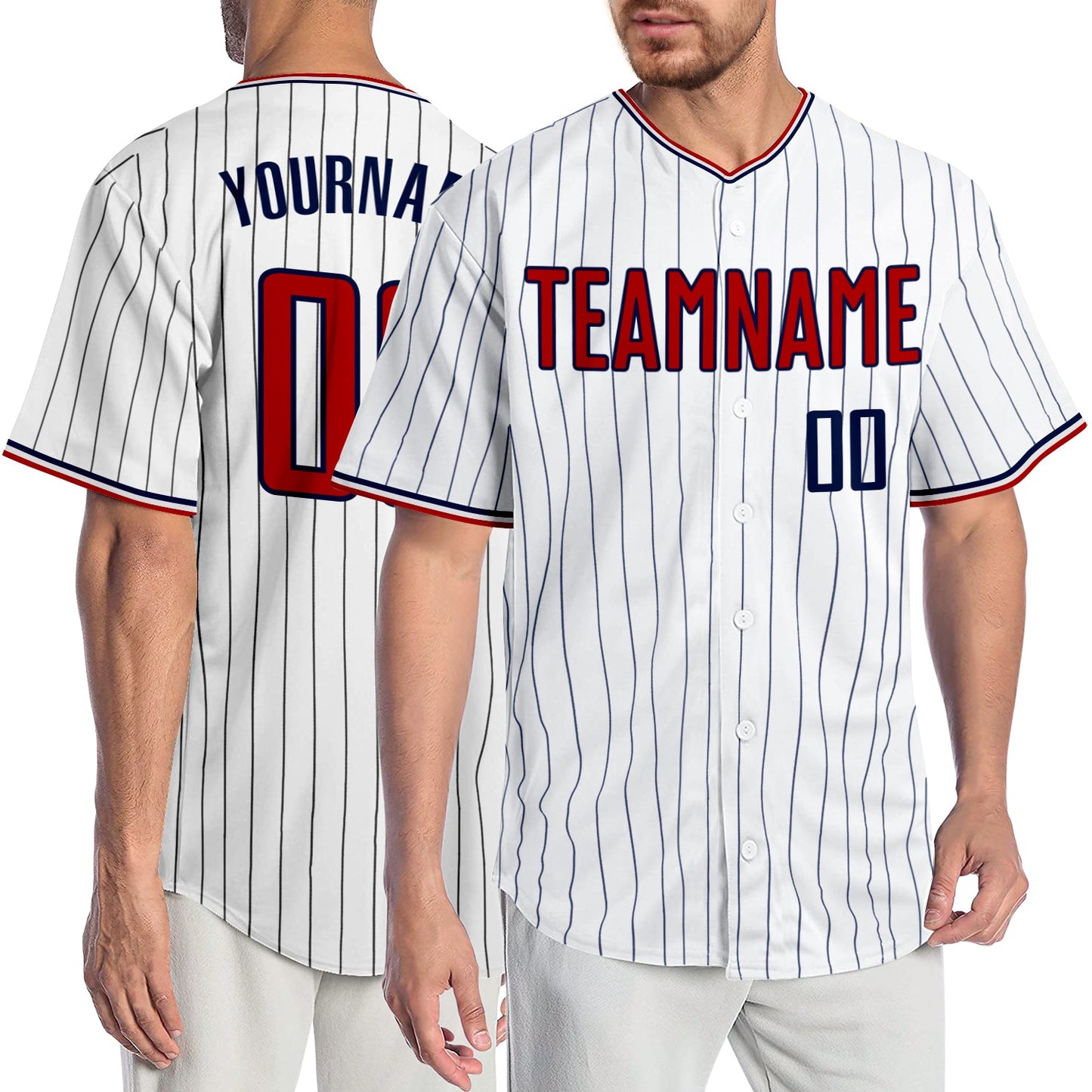 Custom White Navy Pinstripe Red-Navy Authentic Baseball Jersey - Sky-Custom