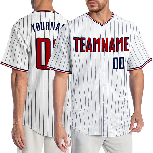 Custom White Navy Pinstripe Red-Navy Authentic Baseball Jersey - Sky-Custom