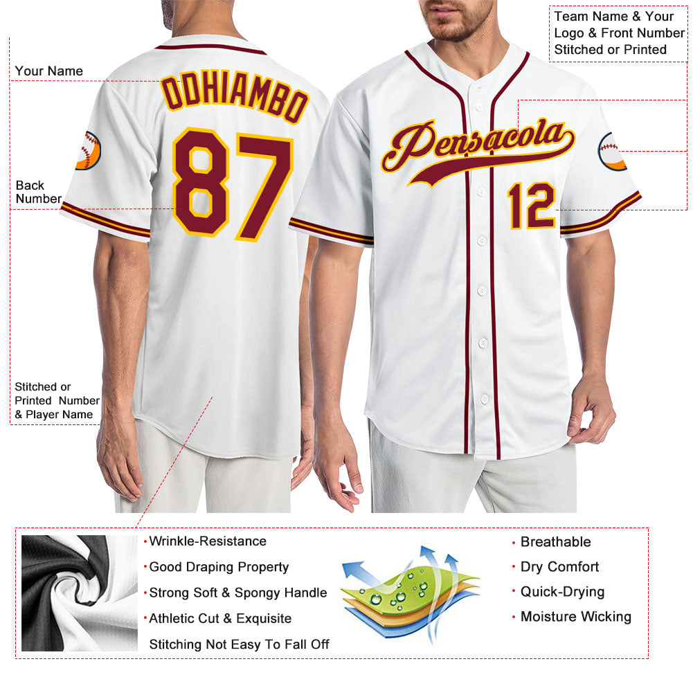 Custom White Crimson-Gold Authentic Baseball Jersey - Sky-Custom