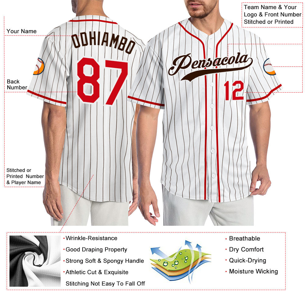 Custom White Brown Pinstripe Red-Brown Authentic Baseball Jersey - Sky-Custom