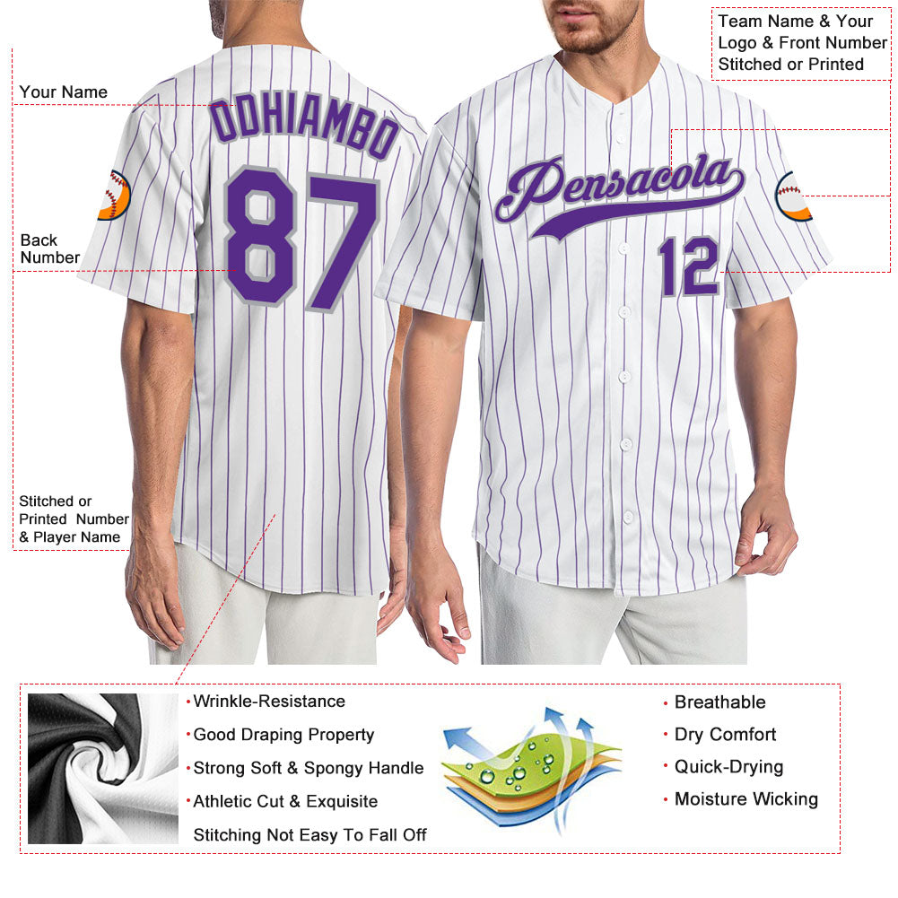 Custom White Purple Pinstripe Purple-Gray Authentic Baseball Jersey - Sky-Custom