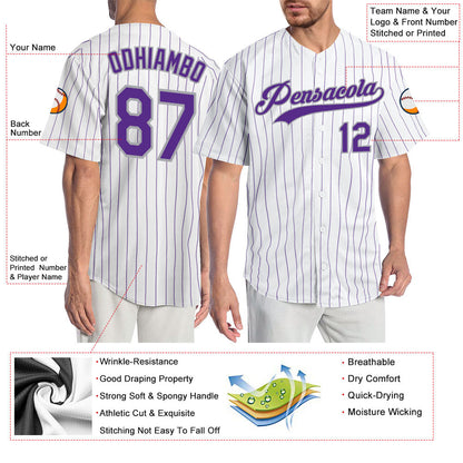 Custom White Purple Pinstripe Purple-Gray Authentic Baseball Jersey - Sky-Custom