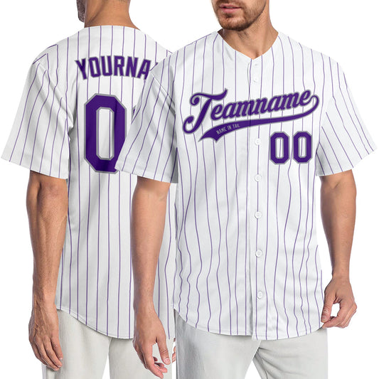 Custom White Purple Pinstripe Purple-Gray Authentic Baseball Jersey - Sky-Custom