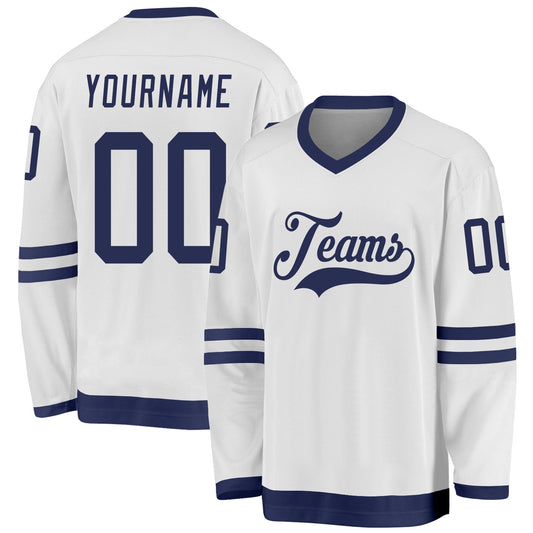 Custom White Navy Hockey Jersey - Sky-Custom