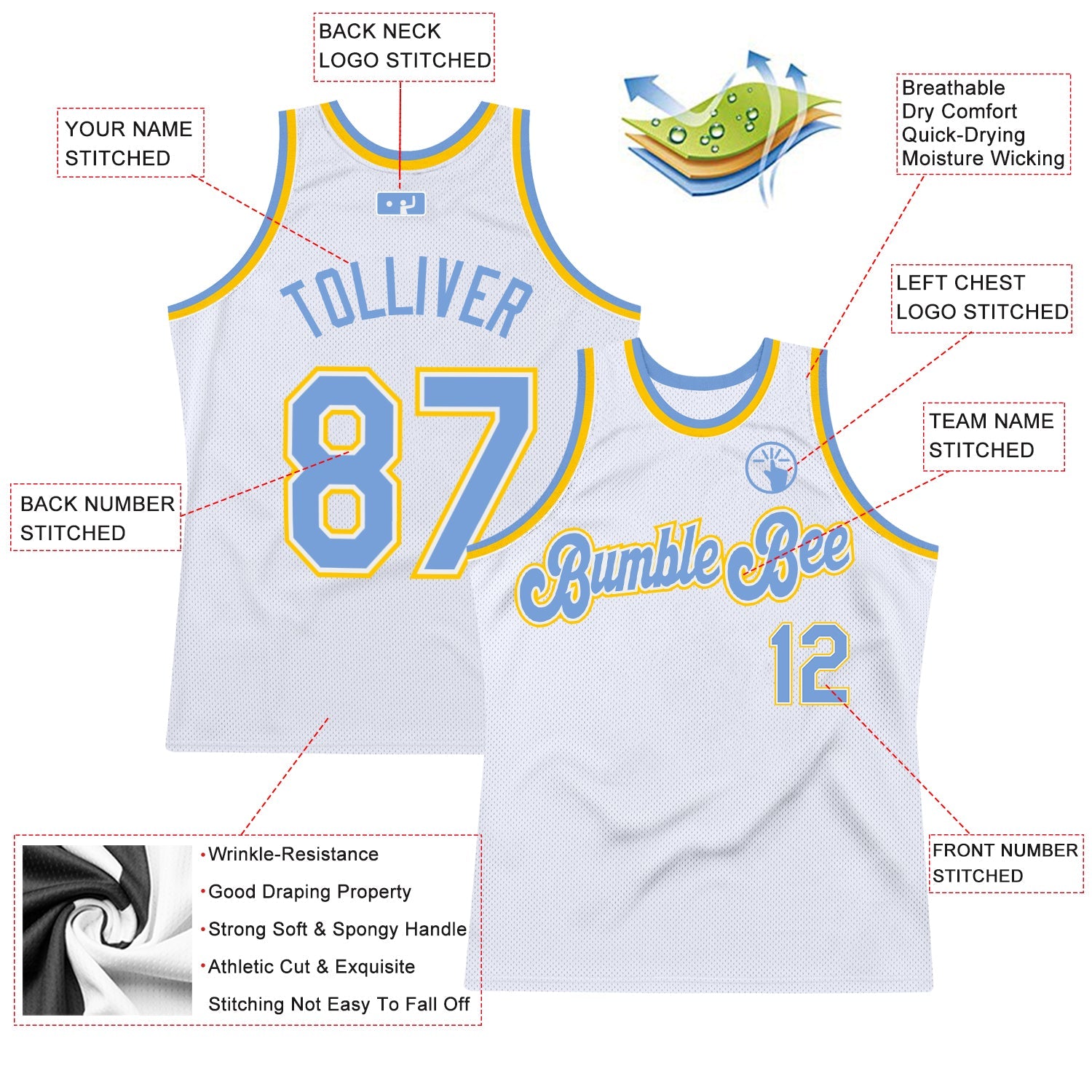 Custom White Light Blue-Gold Authentic Throwback Basketball Jersey - Sky-Custom