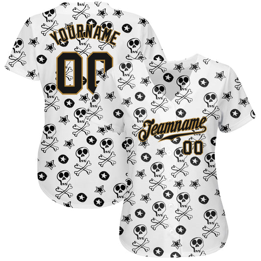 Custom White Black-Old Gold 3D Skull Fashion Authentic Baseball Jersey - Sky-Custom