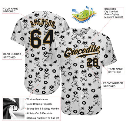 Custom White Black-Old Gold 3D Skull Fashion Authentic Baseball Jersey - Sky-Custom