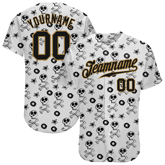 Custom White Black-Old Gold 3D Skull Fashion Authentic Baseball Jersey - Sky-Custom