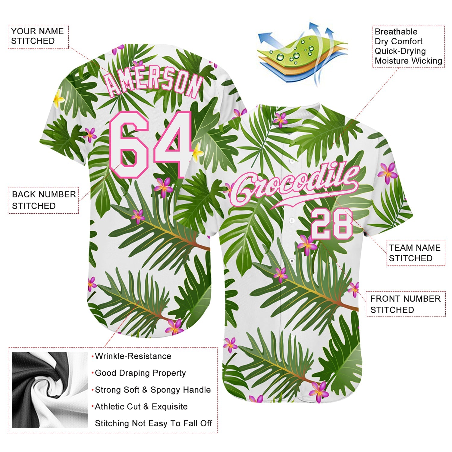 Custom White White-Pink 3D Pattern Design Tropical Palm Leaves Authentic Baseball Jersey - Sky-Custom