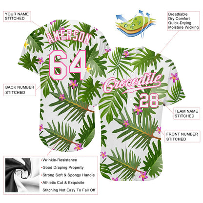 Custom White White-Pink 3D Pattern Design Tropical Palm Leaves Authentic Baseball Jersey - Sky-Custom