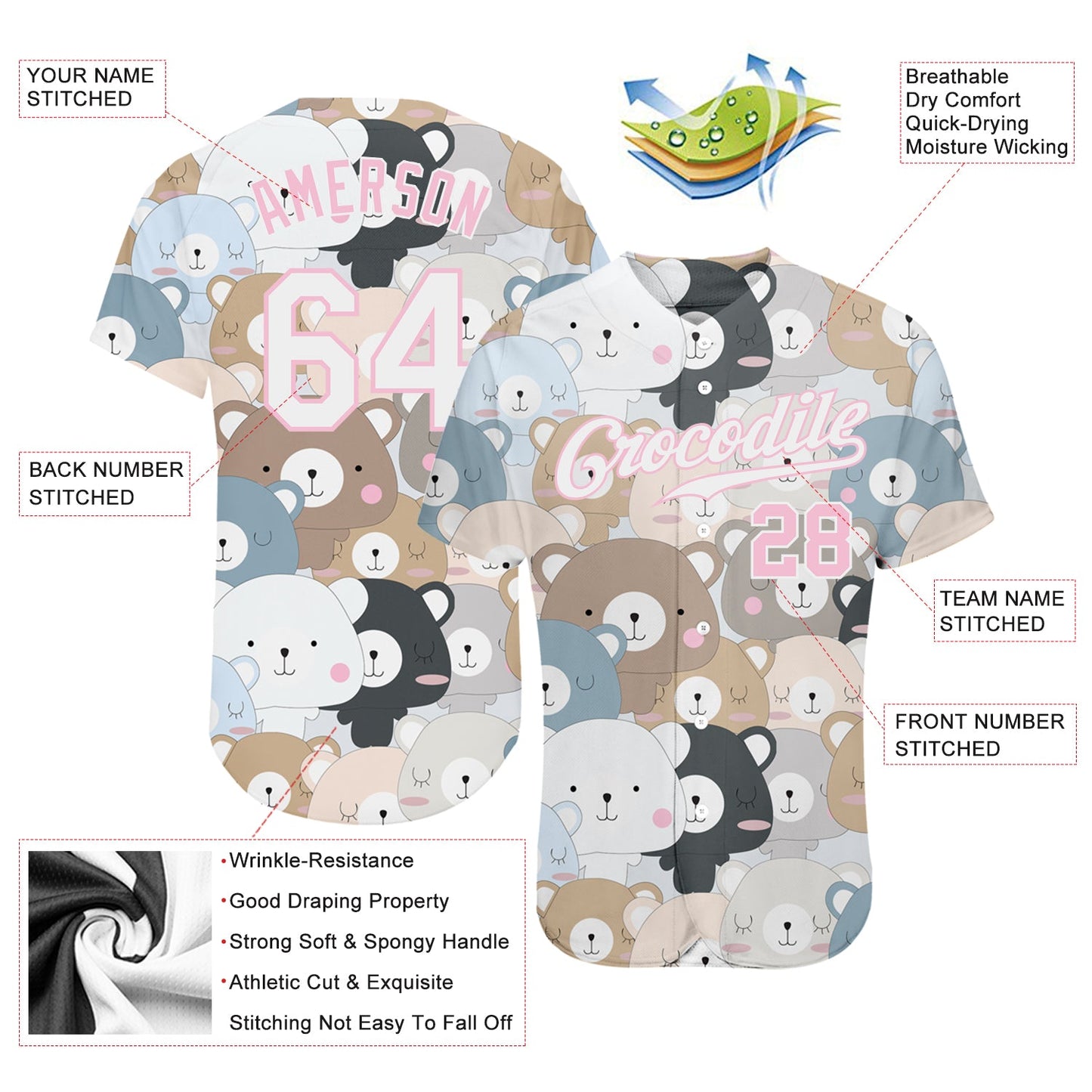 Custom White White-Light Pink 3D Pattern Design Teddy Bears Authentic Baseball Jersey - Sky-Custom
