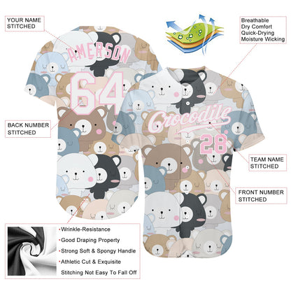 Custom White White-Light Pink 3D Pattern Design Teddy Bears Authentic Baseball Jersey - Sky-Custom