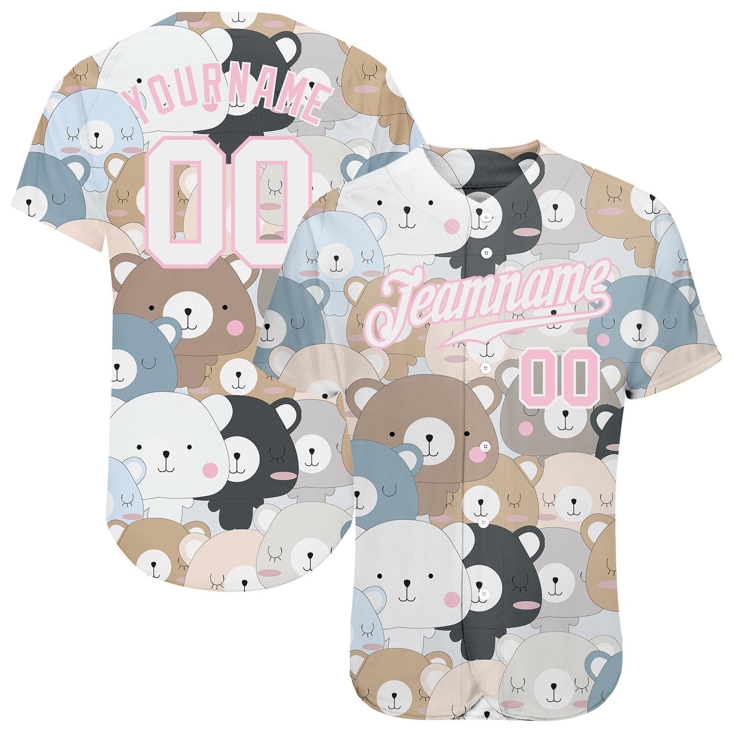 Custom White White-Light Pink 3D Pattern Design Teddy Bears Authentic Baseball Jersey - Sky-Custom