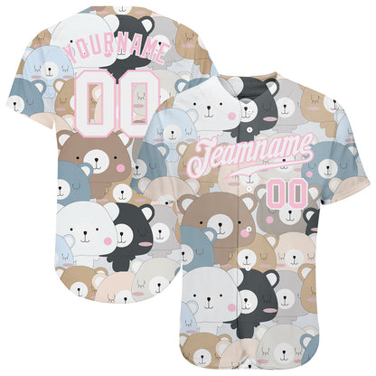 Custom White White-Light Pink 3D Pattern Design Teddy Bears Authentic Baseball Jersey - Sky-Custom