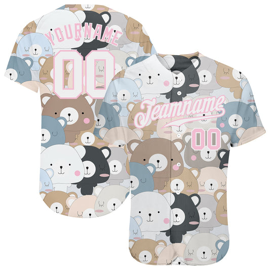 Custom White White-Light Pink 3D Pattern Design Teddy Bears Authentic Baseball Jersey - Sky-Custom