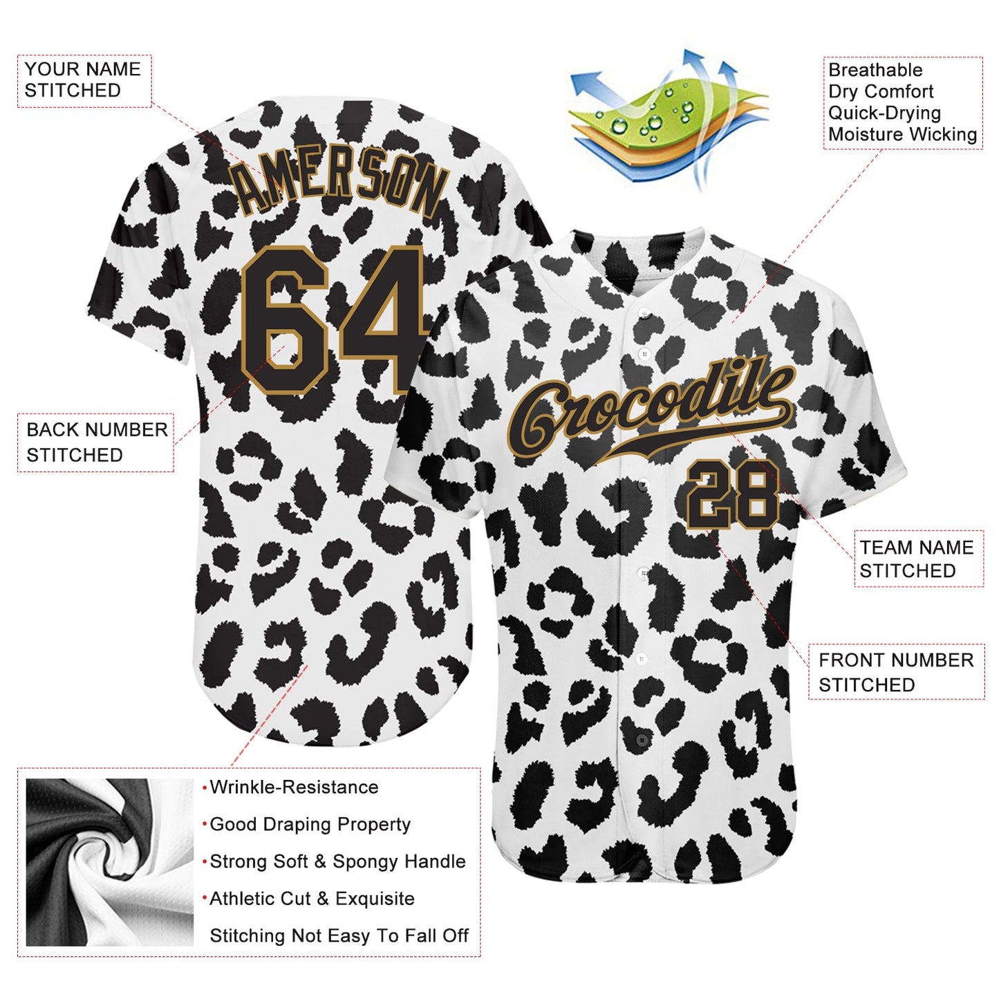 Custom White Black-Old Gold 3D Pattern Design Leopard Authentic Baseball Jersey - Sky-Custom