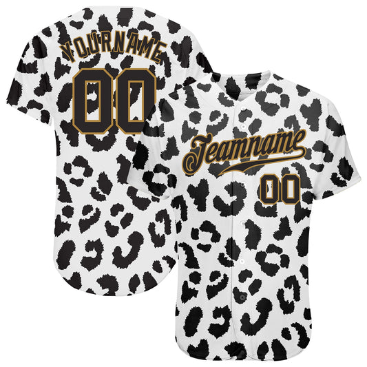 Custom White Black-Old Gold 3D Pattern Design Leopard Authentic Baseball Jersey - Sky-Custom