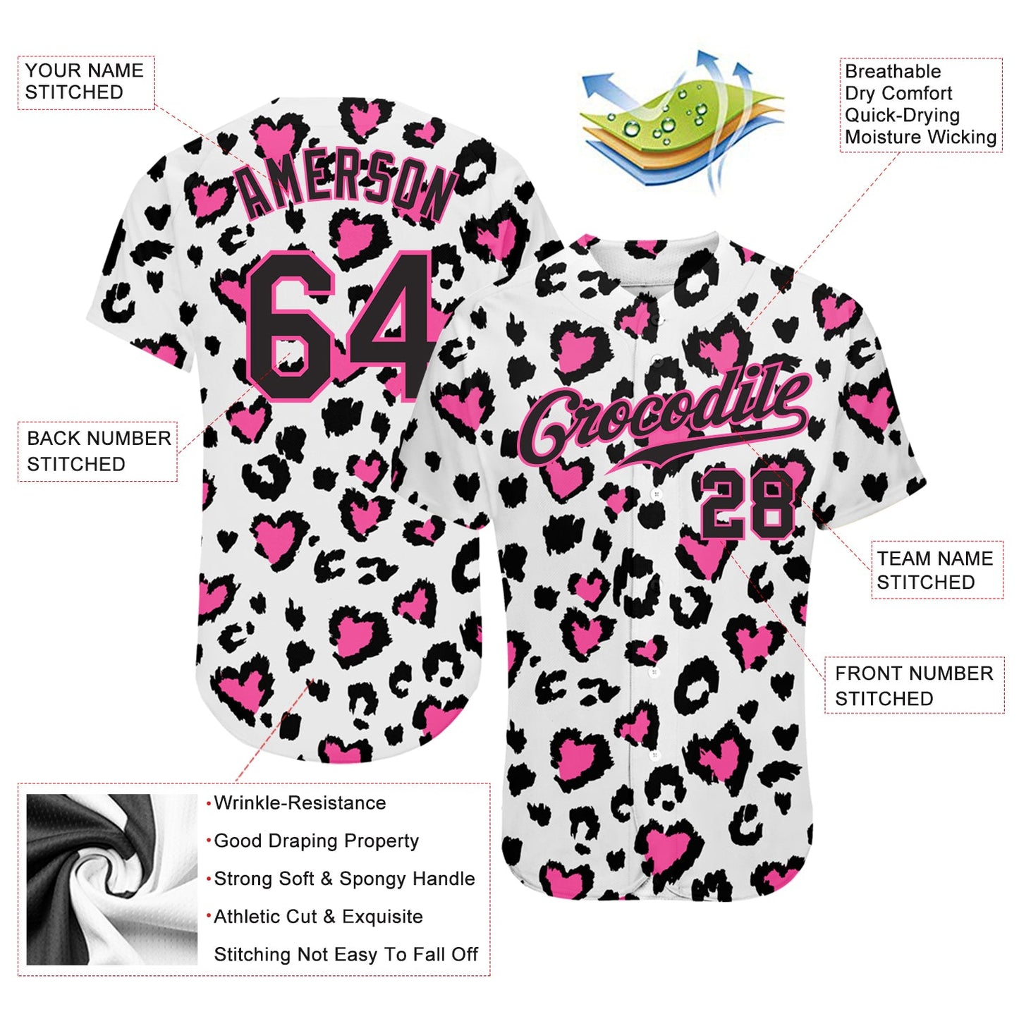 Custom White Black-Pink 3D Pattern Design Leopard Authentic Baseball Jersey - Sky-Custom