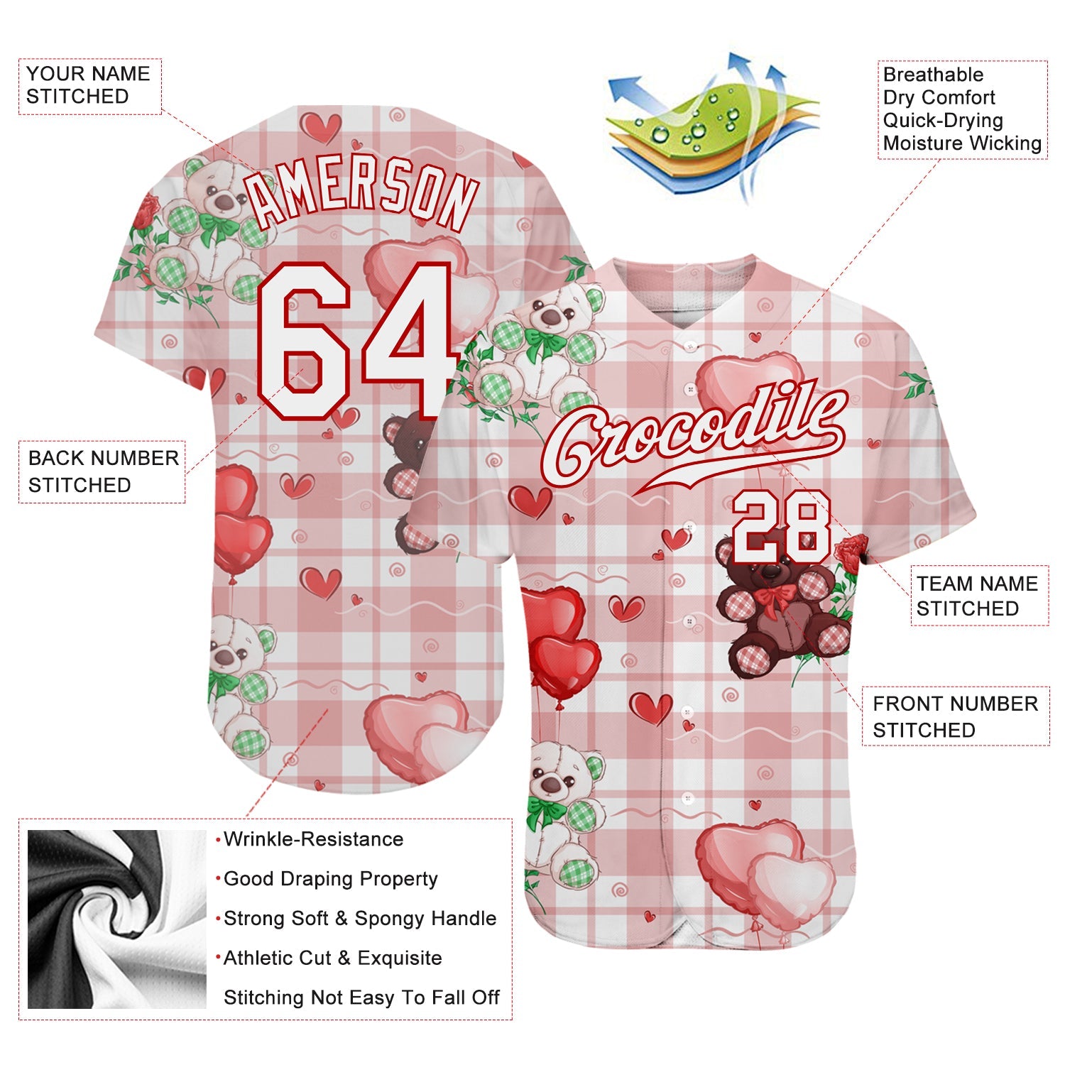 Custom White White-Red 3D Pattern Design Teddy Bears Authentic Baseball Jersey - Sky-Custom