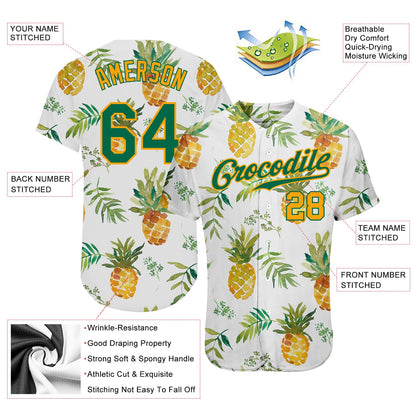 Custom White Kelly Green-Gold 3D Pattern Design Pineapples Authentic Baseball Jersey - Sky-Custom