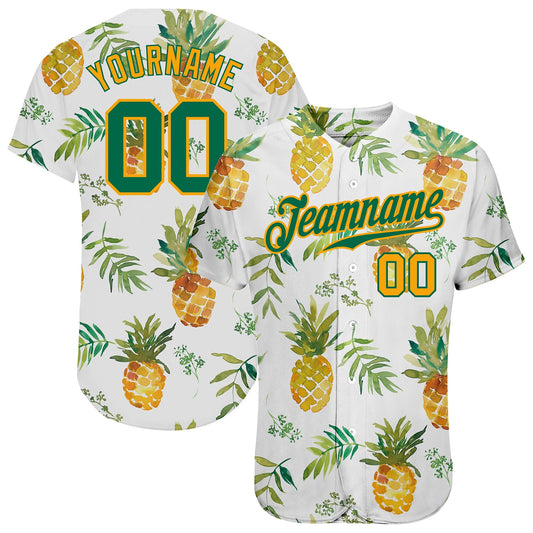Custom White Kelly Green-Gold 3D Pattern Design Pineapples Authentic Baseball Jersey - Sky-Custom