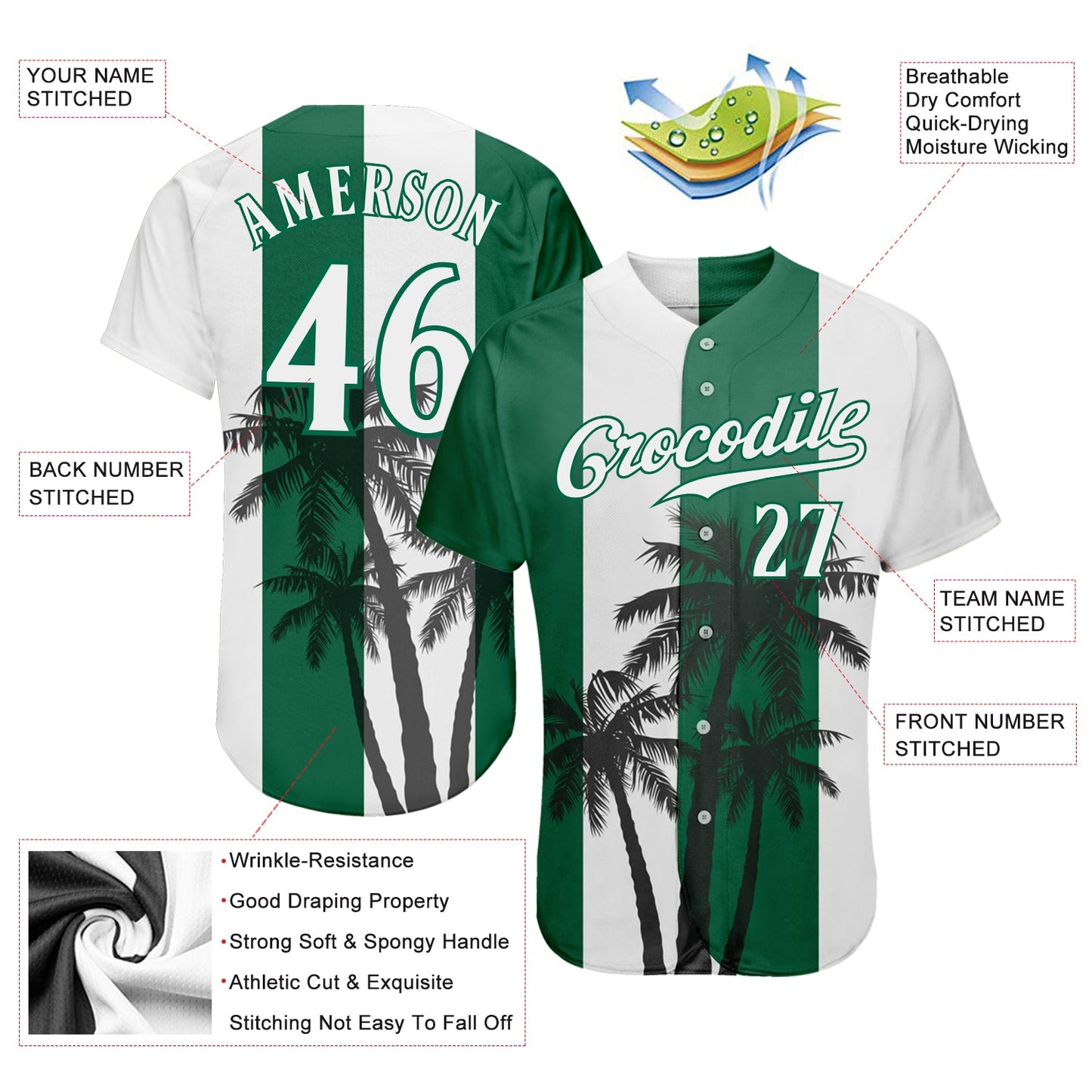 Custom White White-Kelly Green 3D Pattern Design Hawaii Coconut Trees Authentic Baseball Jersey - Sky-Custom