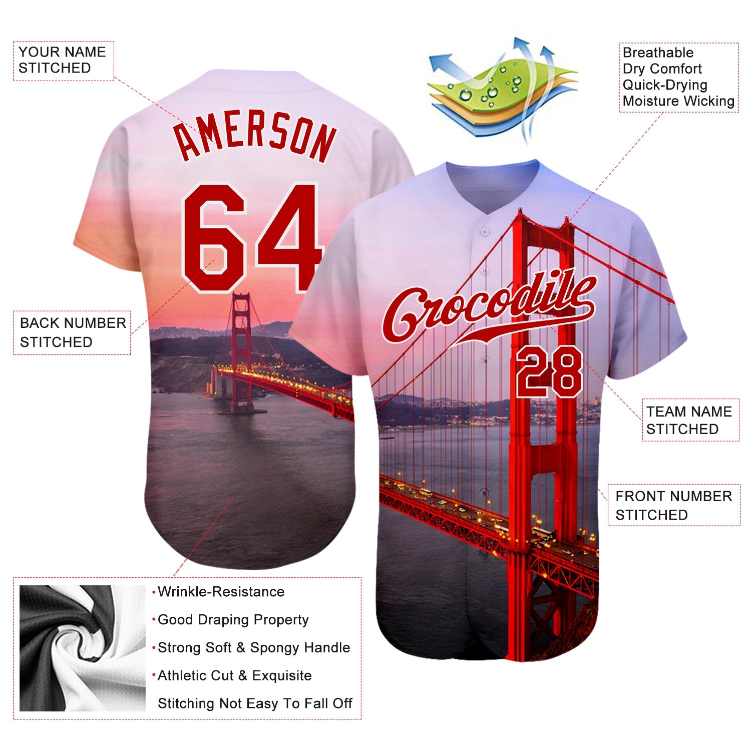 Custom White Red-White 3D Pattern Design Golden Gate Bridge Authentic Baseball Jersey - Sky-Custom