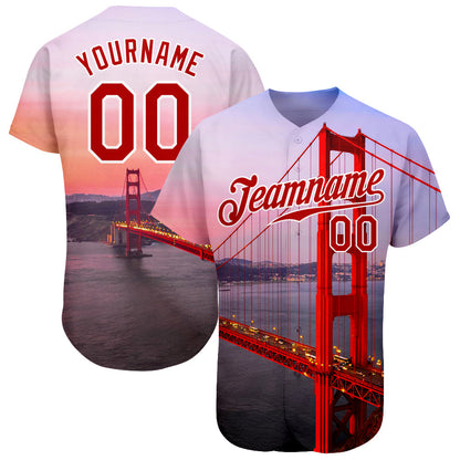 Custom White Red-White 3D Pattern Design Golden Gate Bridge Authentic Baseball Jersey - Sky-Custom