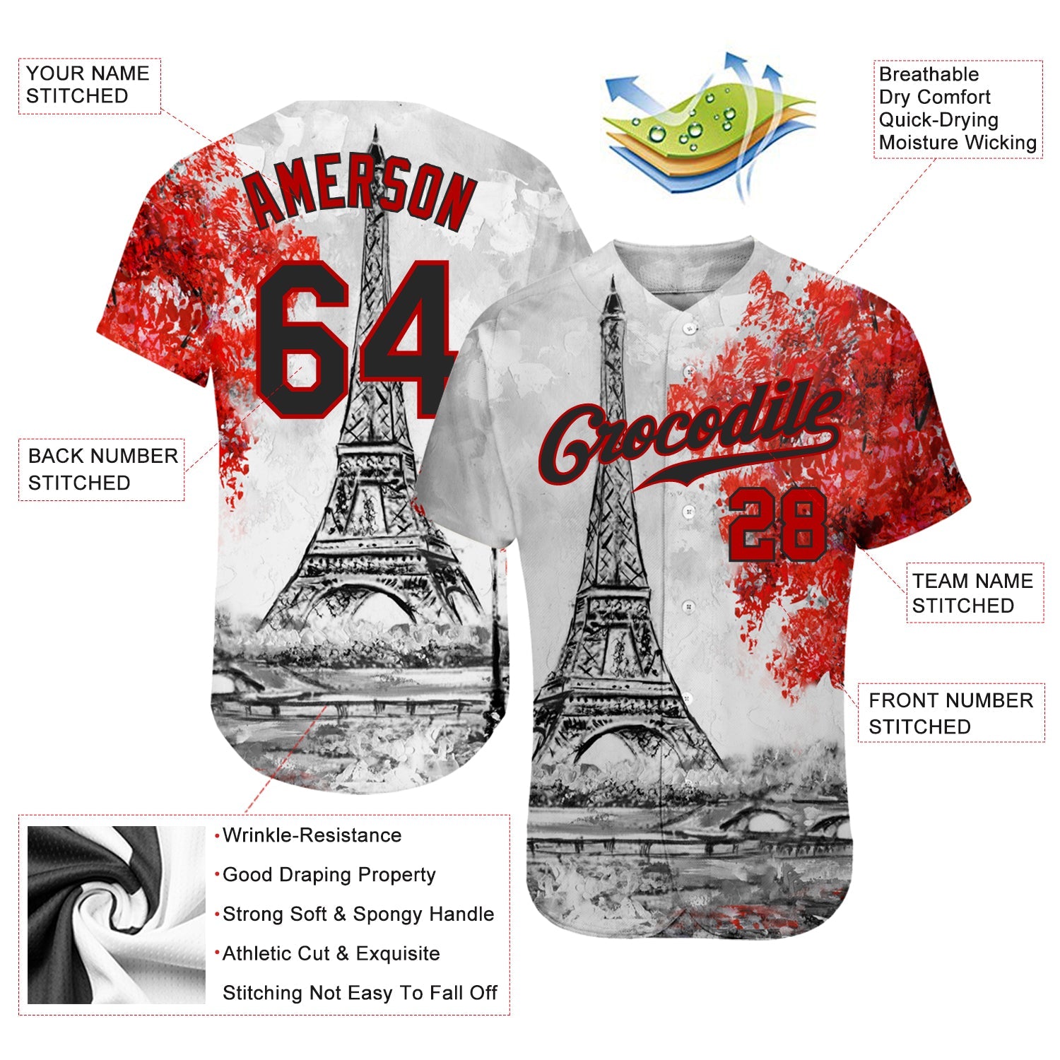 Custom White Black-Red 3D Pattern Design Eiffel Tower Authentic Baseball Jersey - Sky-Custom