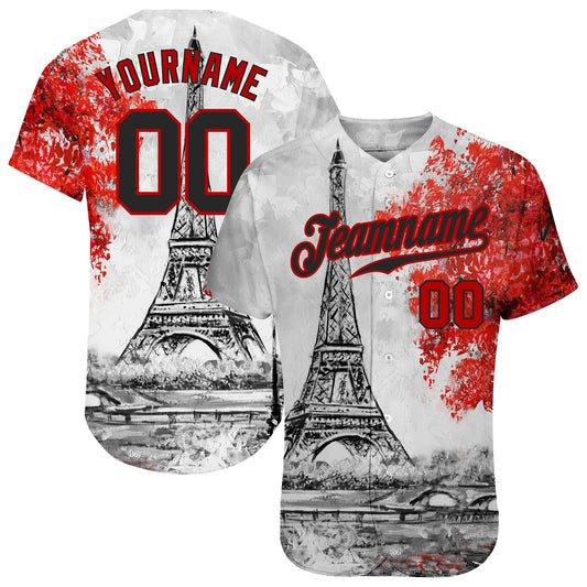 Custom White Black-Red 3D Pattern Design Eiffel Tower Authentic Baseball Jersey - Sky-Custom