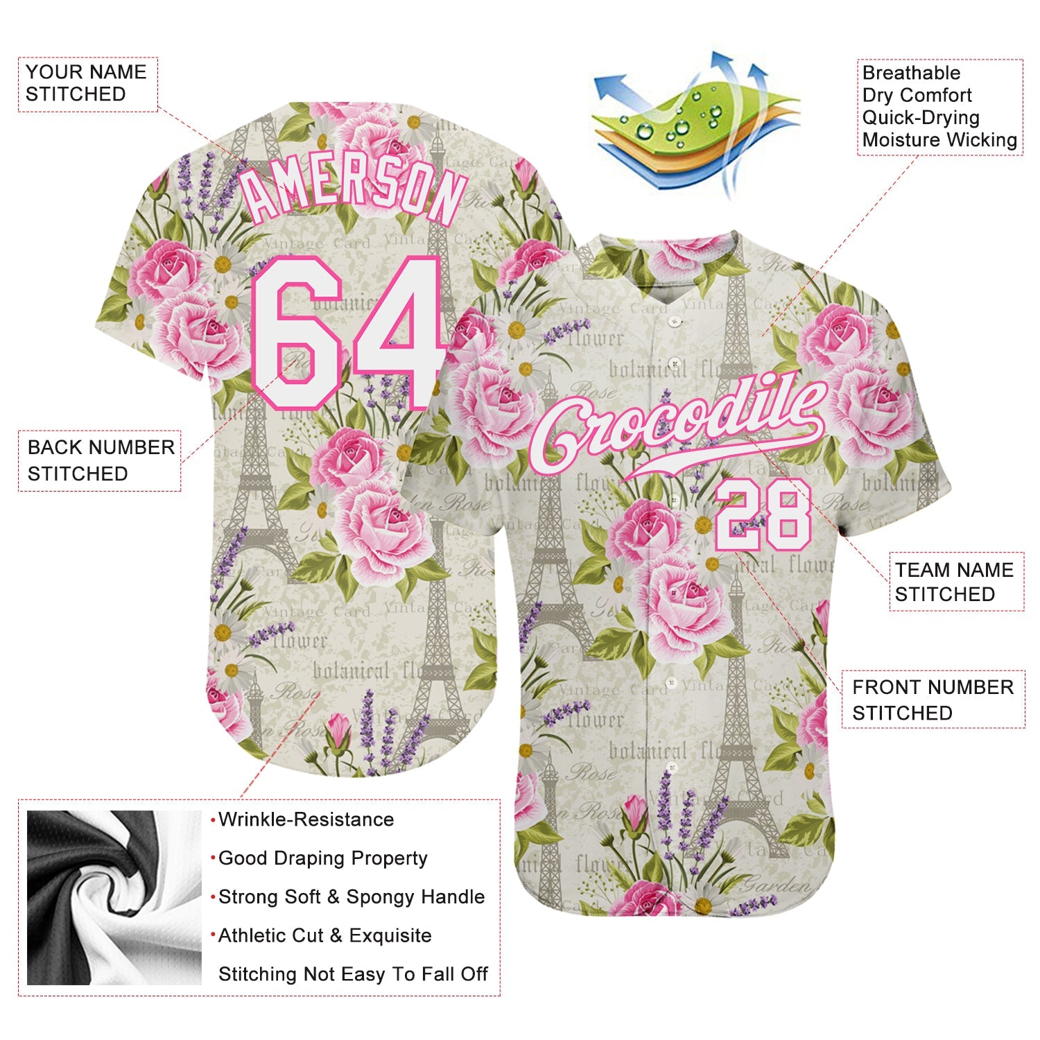 Custom White White-Pink 3D Pattern Design Floral Pattern With The Eiffel Tower Authentic Baseball Jersey - Sky-Custom