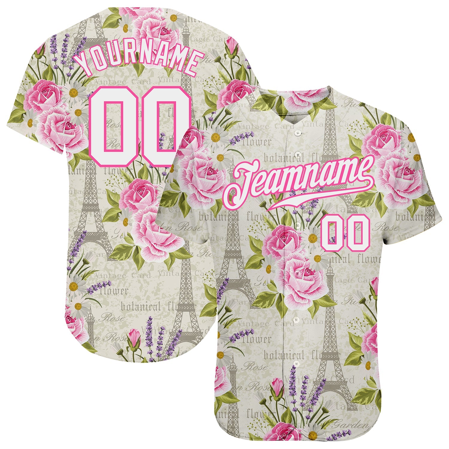 Custom White White-Pink 3D Pattern Design Floral Pattern With The Eiffel Tower Authentic Baseball Jersey - Sky-Custom