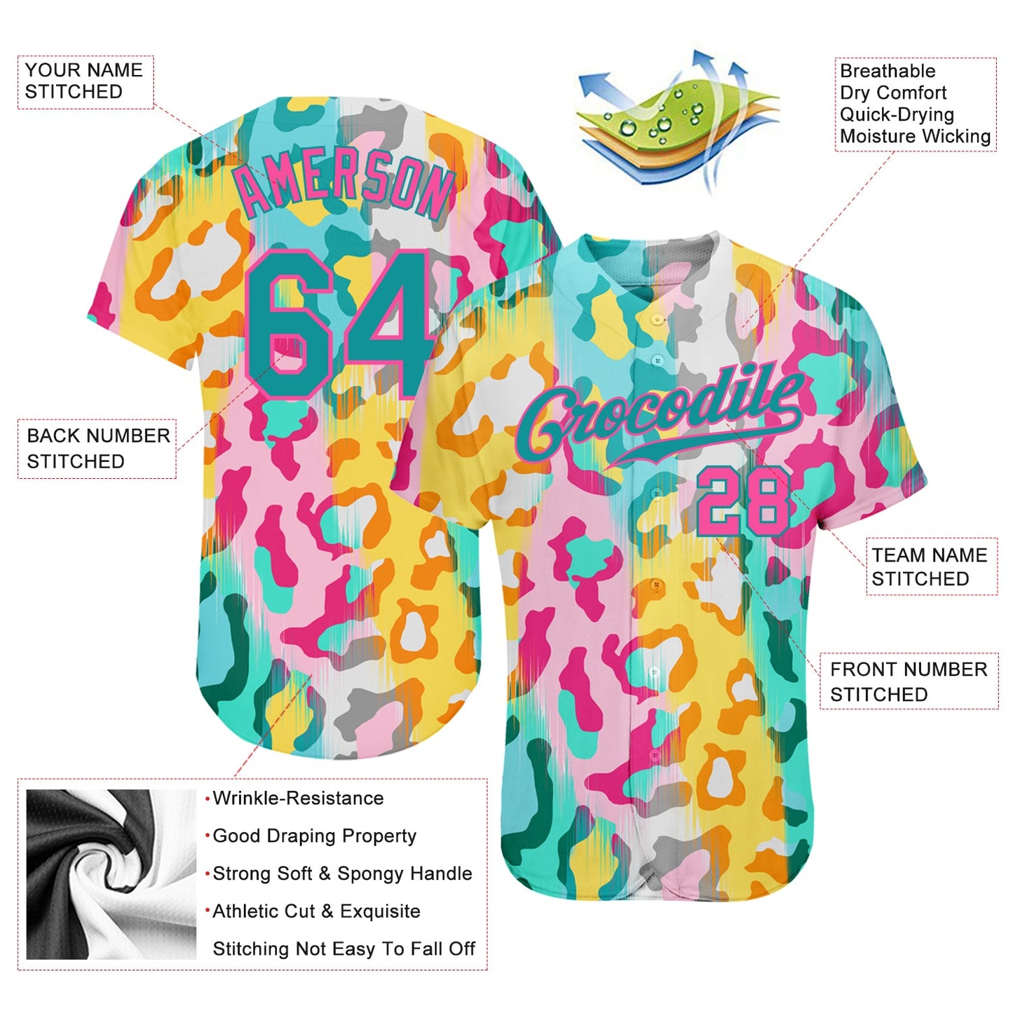 Custom White Teal-Pink 3D Pattern Design Leopard Authentic Baseball Jersey - Sky-Custom