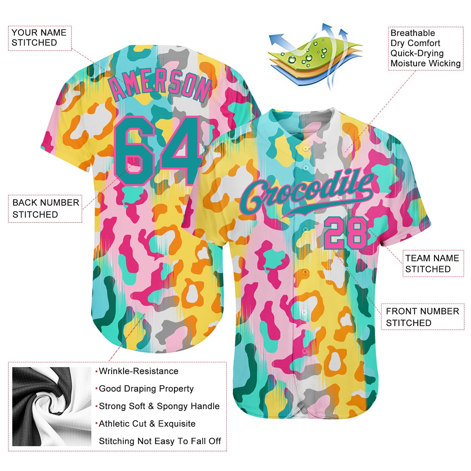 Custom White Teal-Pink 3D Pattern Design Leopard Authentic Baseball Jersey - Sky-Custom