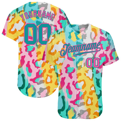 Custom White Teal-Pink 3D Pattern Design Leopard Authentic Baseball Jersey - Sky-Custom