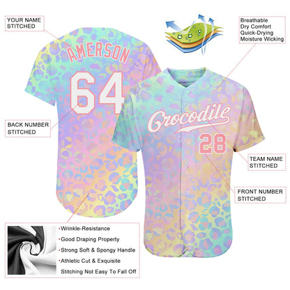 Custom White White-Medium Pink 3D Pattern Design Leopard Authentic Baseball Jersey - Sky-Custom