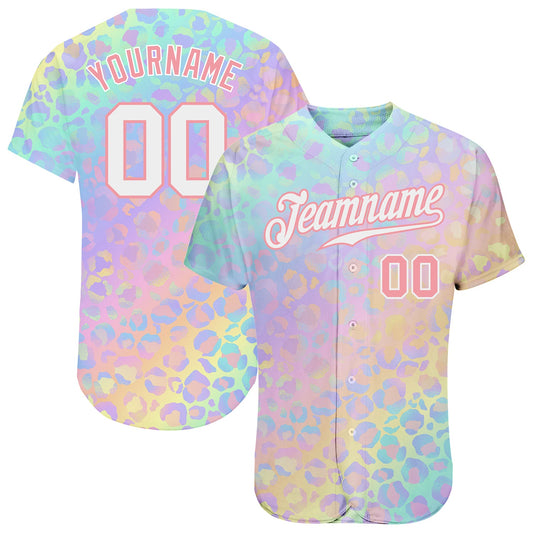 Custom White White-Medium Pink 3D Pattern Design Leopard Authentic Baseball Jersey - Sky-Custom