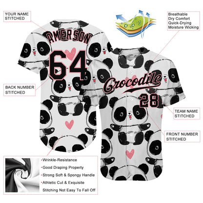 Custom White Black-Pink 3D Pattern Design Pandas Authentic Baseball Jersey - Sky-Custom