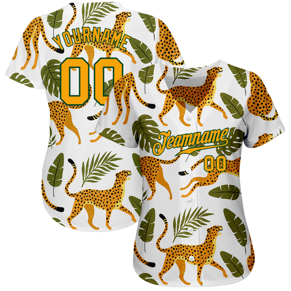 Custom White Gold-Green 3D Pattern Design Leopards And Tropical Palm Leaves Authentic Baseball Jersey - Sky-Custom