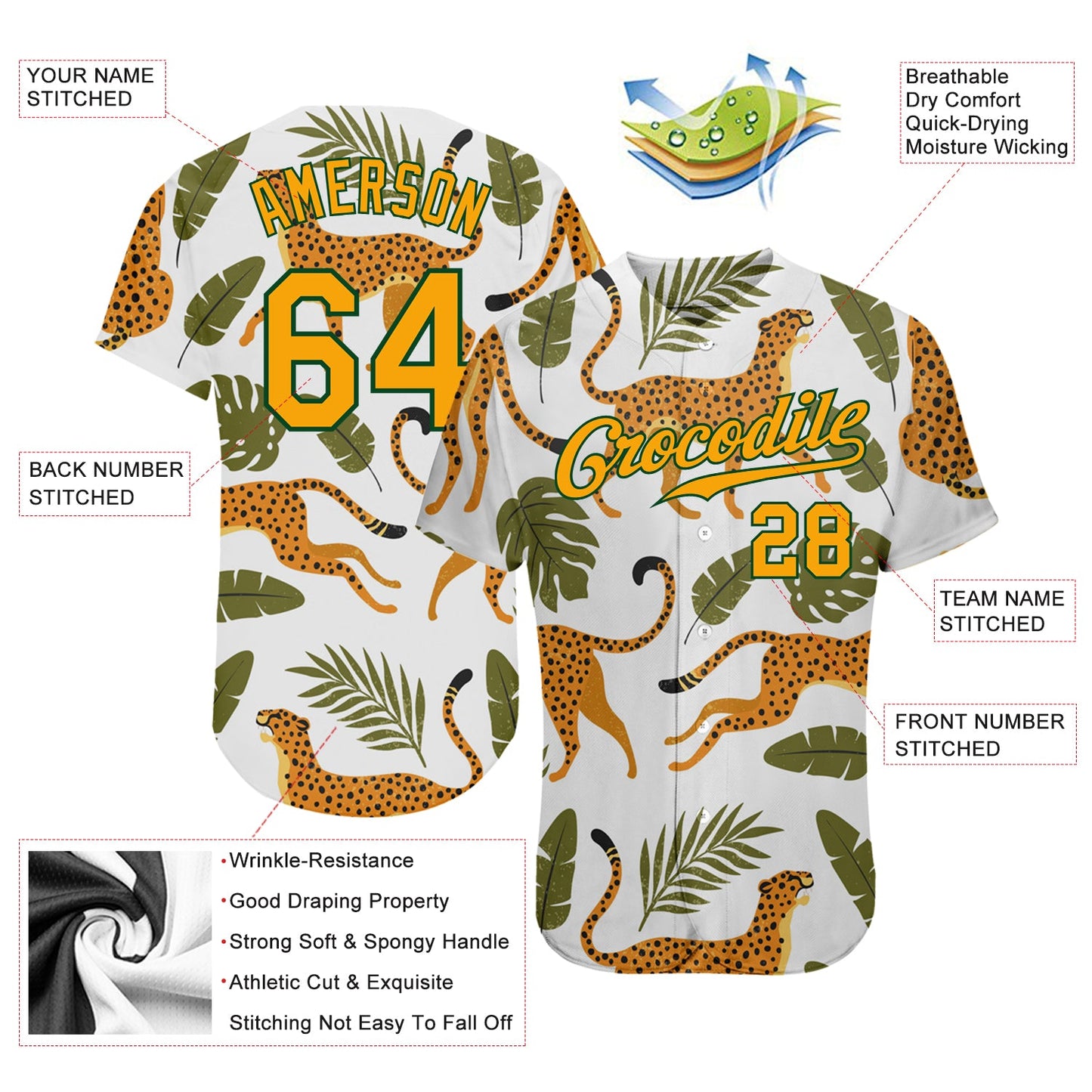 Custom White Gold-Green 3D Pattern Design Leopards And Tropical Palm Leaves Authentic Baseball Jersey - Sky-Custom