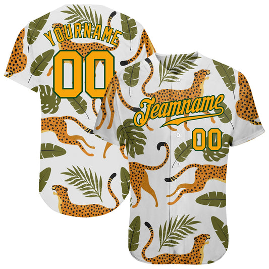 Custom White Gold-Green 3D Pattern Design Leopards And Tropical Palm Leaves Authentic Baseball Jersey - Sky-Custom