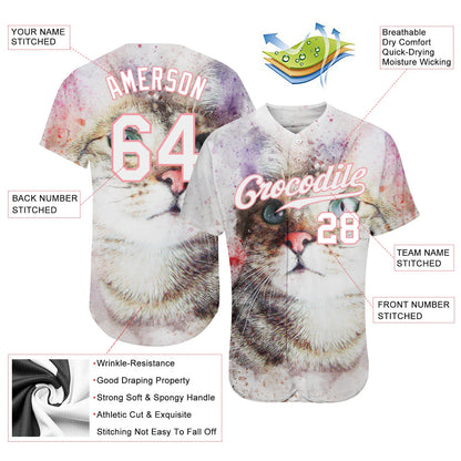 Custom White White-Medium Pink 3D Pattern Design Cat Authentic Baseball Jersey - Sky-Custom