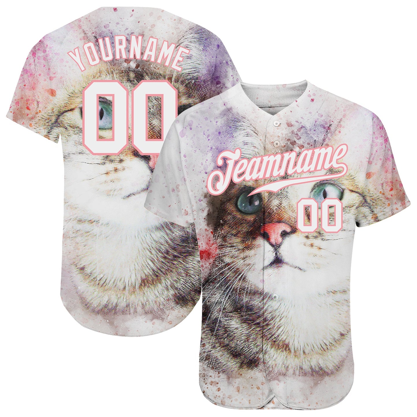 Custom White White-Medium Pink 3D Pattern Design Cat Authentic Baseball Jersey - Sky-Custom