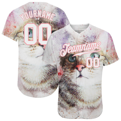 Custom White White-Medium Pink 3D Pattern Design Cat Authentic Baseball Jersey - Sky-Custom