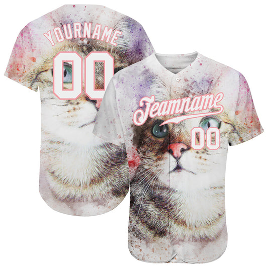 Custom White White-Medium Pink 3D Pattern Design Cat Authentic Baseball Jersey - Sky-Custom