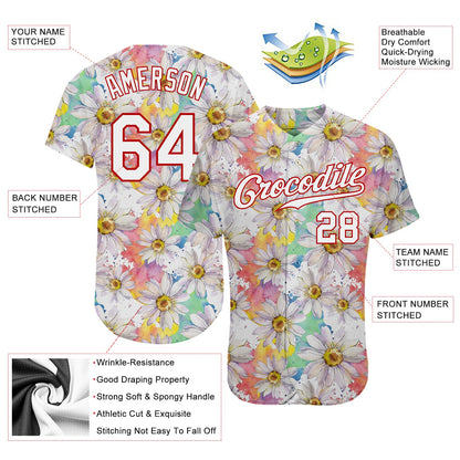 Custom White White-Red 3D Pattern Design Daisy Authentic Baseball Jersey - Sky-Custom