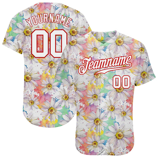 Custom White White-Red 3D Pattern Design Daisy Authentic Baseball Jersey - Sky-Custom