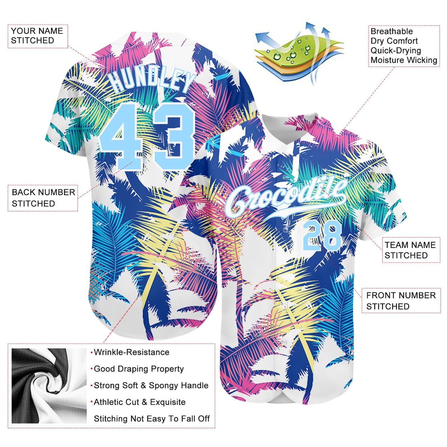 Custom White Light Blue 3D Pattern Design Hawaii Palm Trees Authentic Baseball Jersey - Sky-Custom