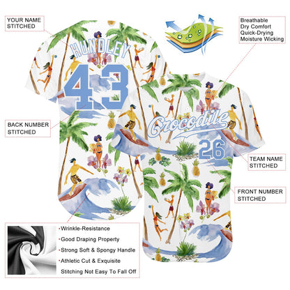 Custom White Light Blue-White 3D Pattern Design Hawaii Palm Trees Authentic Baseball Jersey - Sky-Custom