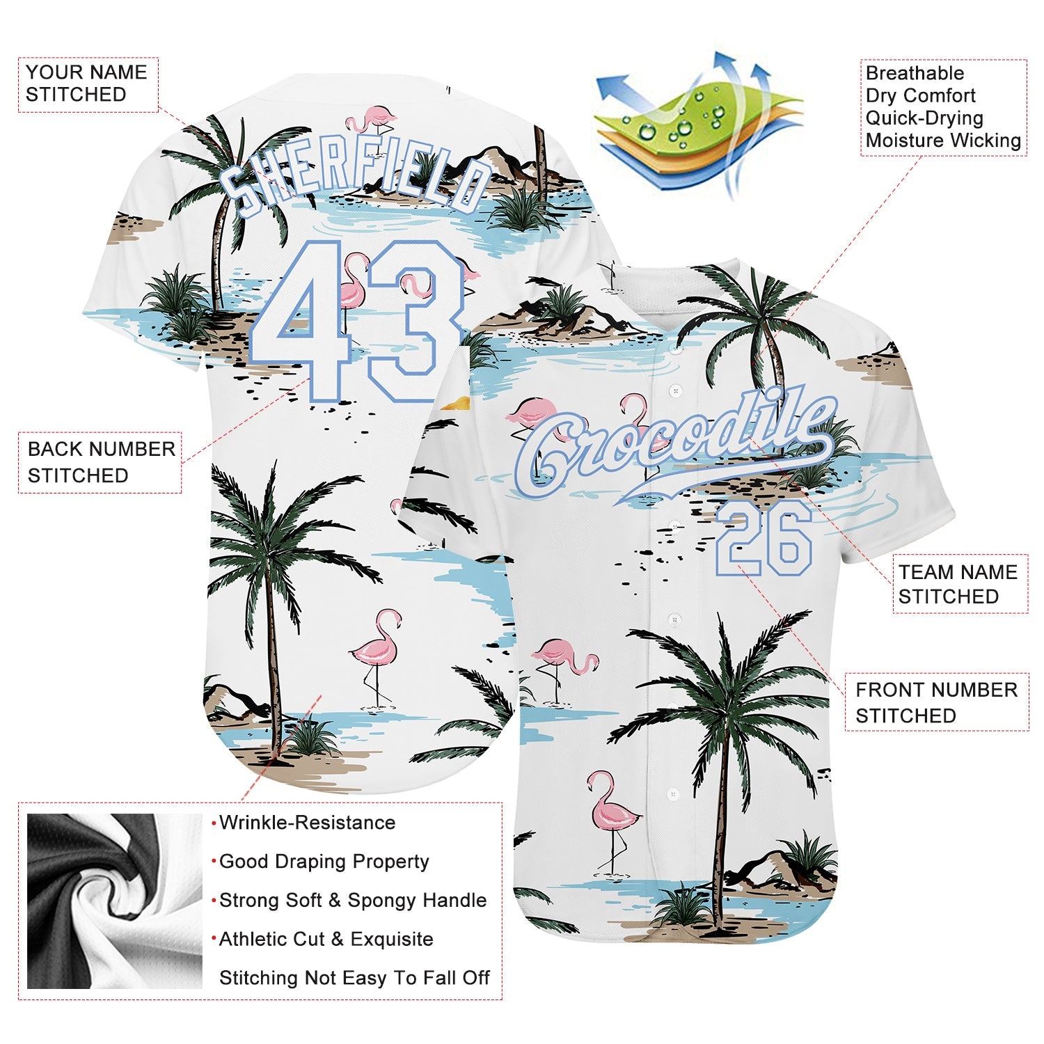 Custom White White-Light Blue 3D Pattern Design Hawaii Palm Trees Authentic Baseball Jersey - Sky-Custom